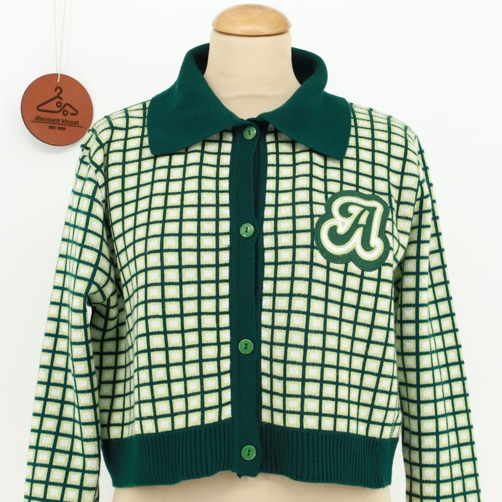 A Lot Studio Green Grid Cropped Varsity Cardigan Sweater Letterman Patch Medium - Picture 4 of 12